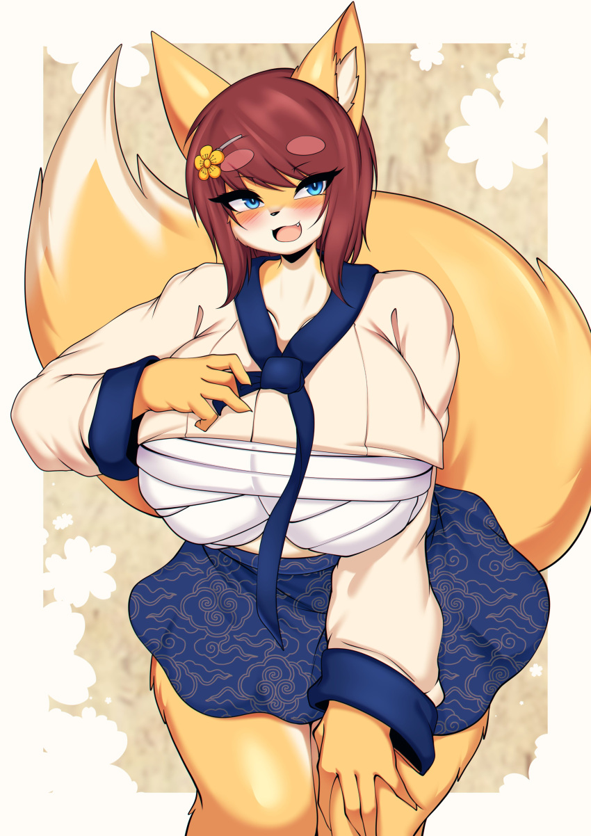 absurd_res accessory anthro asian_clothing big_breasts big_tail blue_eyes blush bottomwear breasts brown_hair canid canine chest_wraps clothing curvy_figure east_asian_clothing eyebrows female fluffy_ears fox hair hair_accessory hairpin hana_(keep0621) hanbok hi_res huge_breasts inner_ear_fluff korean_clothing looking_at_viewer mammal multicolored_body open_mouth short_hair skirt solo tail tailzkim thick_thighs tuft two_tone_body wraps