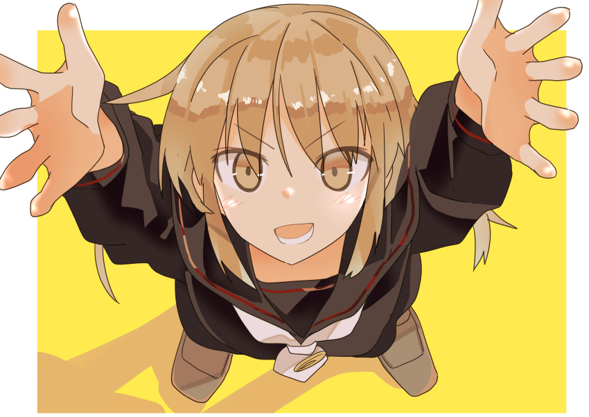 1girl absurdres arms_up black_serafuku blonde_hair commentary crescent crescent_pin haida_katsuretsu highres kantai_collection long_hair looking_at_viewer looking_up low_twintails neckerchief satsuki_(kancolle) school_uniform serafuku solo standing twintails white_neckerchief yellow_background yellow_eyes