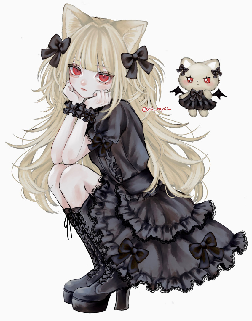 1girl absurdres aegyo_sal animal_ears black_bow black_dress black_footwear black_wings blonde_hair blunt_bangs boots bow cat_ears character_doll closed_mouth commentary cross-laced_footwear demon_wings dress frilled_dress frills from_side full_body gothic_lolita hair_bow hands_on_own_cheeks hands_on_own_face hands_up high_heel_boots high_heels highres knee_boots lace-up_boots lolita_fashion long_hair looking_at_viewer muted_color original oysi_mysi puffy_short_sleeves puffy_sleeves red_eyes short_sleeves simple_background solo squatting stuffed_animal stuffed_cat stuffed_toy symbol-only_commentary twitter_username very_long_hair white_background wings wrist_cuffs