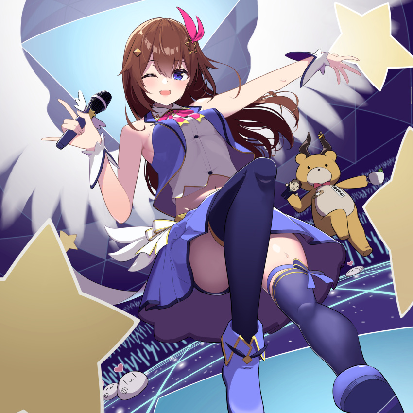 1girl absurdres ankimo_(tokino_sora) bare_shoulders blue_eyes blue_vest breasts brown_hair cropped_shirt cropped_vest diamond_hair_ornament hair_flaps hair_ornament hair_ribbon hairclip highres hololive horns idol kuronaga long_hair looking_at_viewer microphone midriff navel one_eye_closed red_ribbon ribbon sleeveless star_(symbol) star_hair_ornament thigh_strap thighhighs tokino_sora vest virtual_youtuber wavy_hair wings wrist_cuffs yagoo