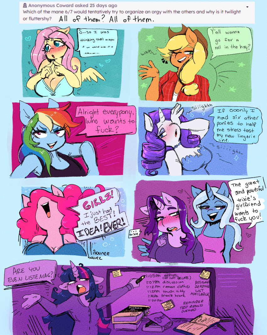 &lt;3 5_fingers absurd_res anthro anthrofied applejack_(mlp) ask_blog big_breasts blonde_hair blue_body blue_eyes blue_hair blush breasts cleavage clothed clothing cowboy_hat currentlytr_ash dialogue earth_pony english_text equid equine eyebrows eyelashes eyeshadow female female/female fingers fluttershy_(mlp) friendship_is_magic green_eyes hair hasbro hat headgear headwear hi_res horn horse long_hair makeup mammal multicolored_hair my_little_pony open_mouth pegasus pink_body pink_hair pinkie_pie_(mlp) pony profanity purple_body purple_eyes purple_hair rainbow_dash_(mlp) rainbow_hair rarity_(mlp) shirt speech_bubble starlight_glimmer_(mlp) tank_top text topwear trixie_(mlp) twilight_sparkle_(mlp) unicorn white_body wings