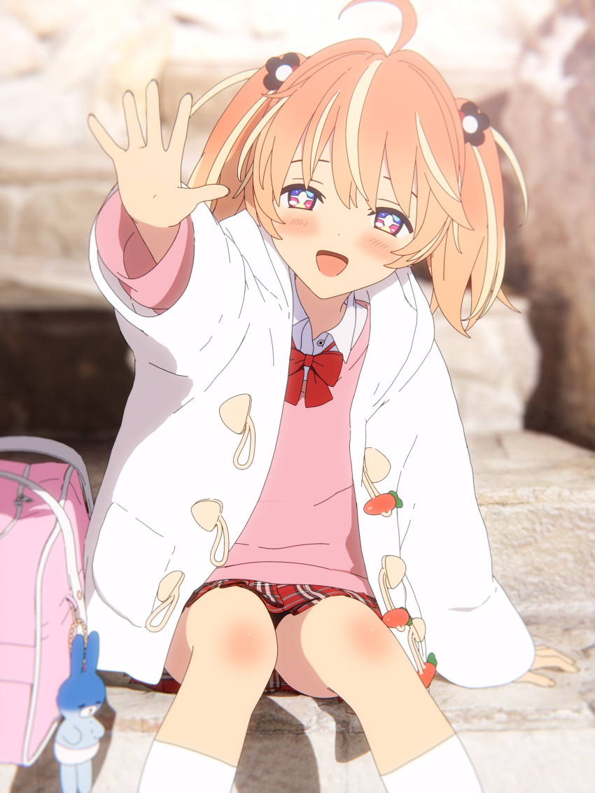+_+ 1girl 3d ahoge arm_at_side artist_request bag bag_charm blender_(medium) blonde_hair blurry blurry_background blush bow bowtie bright_pupils carrot charm_(object) collared_shirt cowboy_shot day dot_nose flower hair_flower hair_ornament highres hood hoodie kneehighs long_sleeves looking_at_viewer medium_hair miniskirt multicolored_eyes multicolored_hair open_clothes open_hand open_hoodie open_mouth orange_hair outdoors outstretched_arm pink_bag pink_eyes pink_sweater plaid plaid_skirt purple_eyes red_bow red_bowtie red_skirt rinne_(rinrinne) rinrinne school_bag school_uniform shirt sitting skirt smile socks solo streaked_hair sweater two_side_up virtual_youtuber waving white_hoodie white_pupils white_shirt white_socks