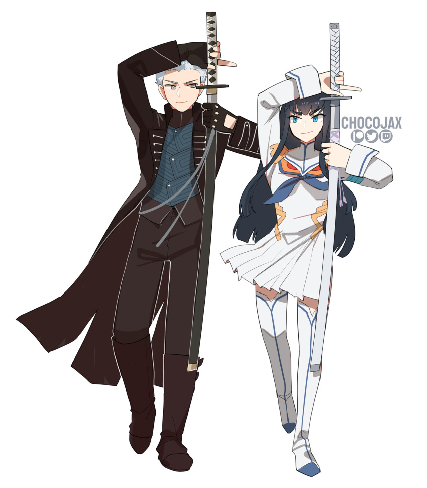 1boy 1girl artist_name bakuzan black_coat black_gloves black_hair blue_eyes boots chocojax coat crossover devil_may_cry_(series) devil_may_cry_5 epaulettes gloves high_collar highres holding holding_sword holding_weapon junketsu kamui_(kill_la_kill) katana kill_la_kill kiryuuin_satsuki long_hair looking_at_another patreon_logo pleated_skirt school_uniform short_hair skirt smile sword thick_eyebrows thigh_boots thighhighs twitch_logo twitter_logo vergil_(devil_may_cry) weapon white_hair yamato_(sword)