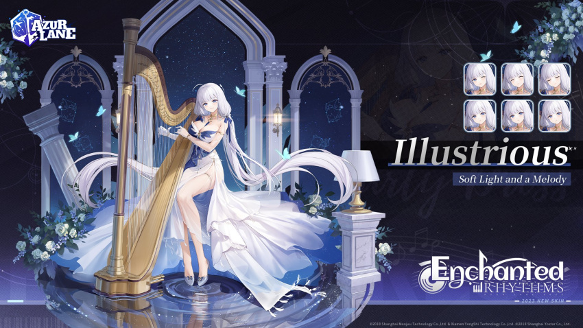 1girl architecture azur_lane bare_shoulders blue_butterfly blue_dress blue_eyes breasts bug butterfly character_name cleavage column copyright_name desk_lamp dress english_commentary english_text evening_gown expressions flower full_body gloves greco-roman_architecture grey_footwear hair_ornament halterneck harp high_heels highres holding illustrious_(azur_lane) illustrious_(soft_light_and_a_melody)_(azur_lane) instrument lamp large_breasts logo long_dress long_hair looking_at_viewer low_twintails music night official_alternate_costume official_art pillar playing_instrument promotional_art reflection reflective_water see-through see-through_dress shoes side_slit single_bare_leg sitting sleeveless sleeveless_dress smile solo thighlet thighs twintails two-tone_dress very_long_hair water white_dress white_flower white_gloves white_hair