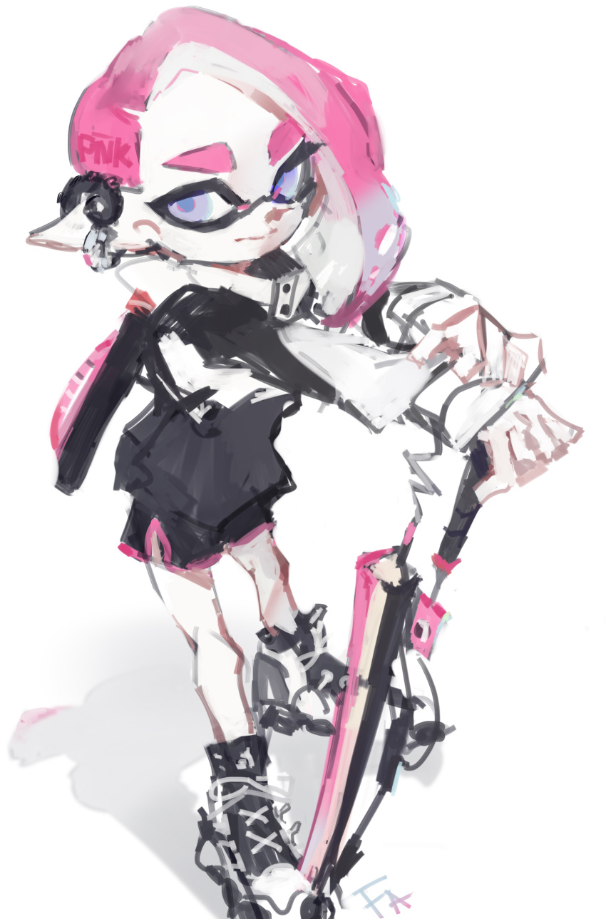 1girl absurdres arms_up asymmetrical_hair black_footwear black_jacket black_shorts closed_mouth commentary_request cross-laced_footwear dolphin_shorts earrings forehead full_body hands_on_hilt highres ink_tank_(splatoon) inkling inkling_girl jacket jewelry long_sleeves looking_at_viewer odake outstretched_arms own_hands_together pale_skin pink_hair planted pointy_ears purple_eyes shoes short_hair short_shorts shorts side_slit simple_background sketch sneakers solo splatana_wiper_(splatoon) splatoon_(series) standing tentacle_hair tentacles white_background