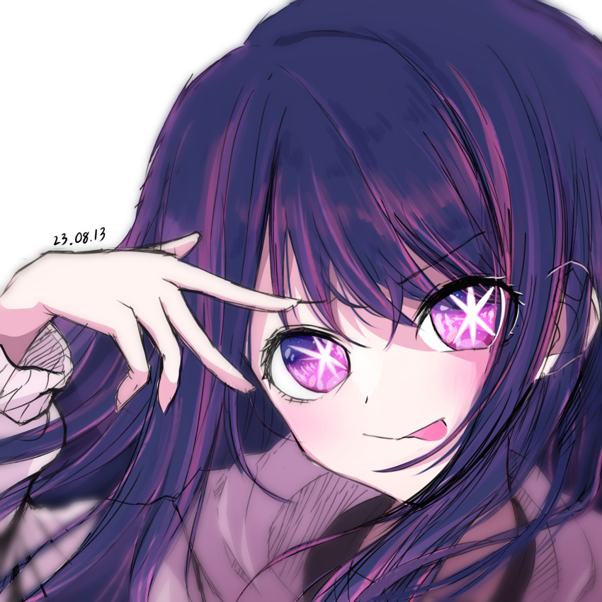 1girl :p dated highres hoshino_ai_(oshi_no_ko) korean_commentary long_hair looking_at_viewer oshi_no_ko pink_shirt portrait purple_eyes purple_hair shirt simple_background smile solo star-shaped_pupils star_(symbol) star_in_eye symbol-shaped_pupils symbol_in_eye tal0108 tongue tongue_out v-shaped_eyebrows white_background