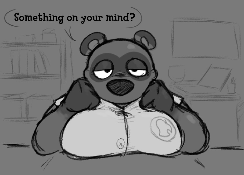 animal_crossing anthro big_moobs canid canine clothed clothing english_text greyscale half-closed_eyes locitony looking_at_viewer male mammal monochrome moobs narrowed_eyes nintendo office raccoon_dog solo tanuki text tom_nook_(animal_crossing)