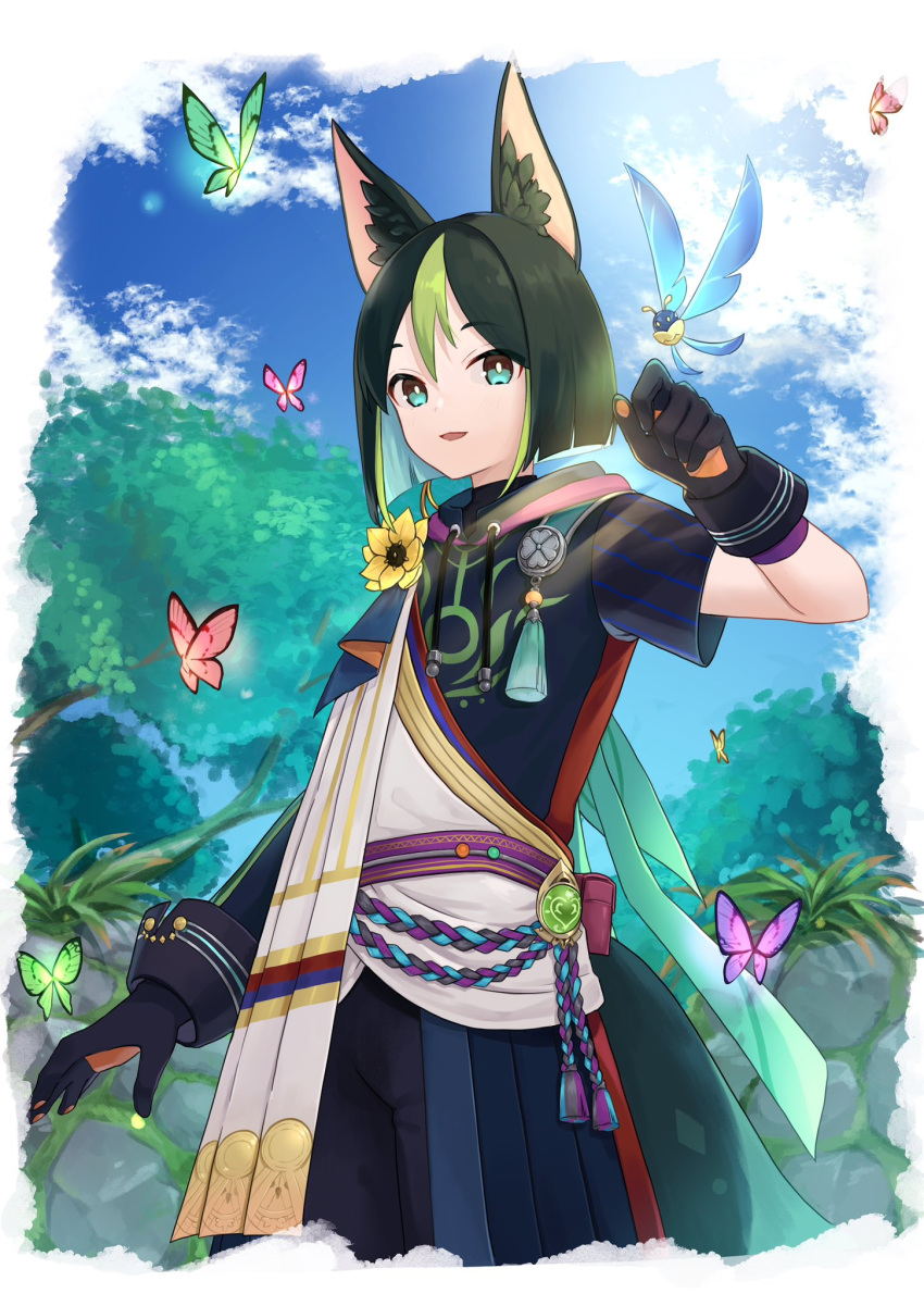 1boy animal_ears black_hair bug butterfly flower fox_boy fox_ears genshin_impact green_eyes green_hair hair_between_eyes highres hood male_focus multicolored_hair open_mouth short_hair solo tighnari_(genshin_impact) vision_(genshin_impact) yellow_flower yu_ri_0320