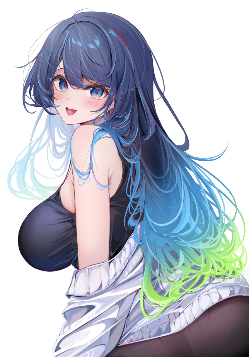 1girl :d absurdres bare_shoulders black_pantyhose black_shirt blue_eyes blue_hair blush breasts from_side gradient_hair highres jacket komupi large_breasts long_hair long_sleeves looking_at_viewer looking_to_the_side multicolored_hair off_shoulder open_clothes open_jacket open_mouth original pantyhose shirt simple_background sitting smile solo tank_top very_long_hair white_background white_jacket