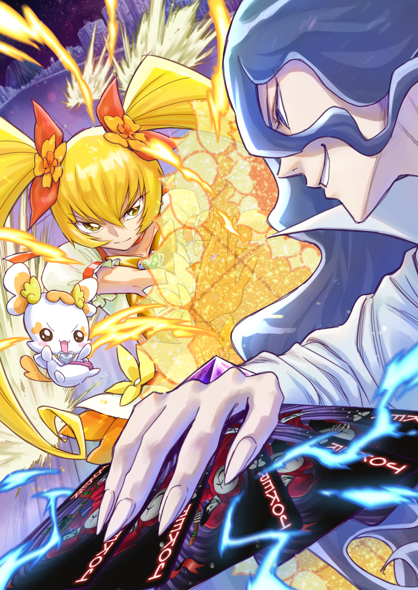 1boy 1girl absurdres blonde_hair blue_hair brooch card cobraja cure_sunshine dress energy energy_barrier energy_shield flower foreshortening frown hair_between_eyes hair_flower hair_ornament hair_ribbon heart heart_brooch heartcatch_precure! highres holding holding_card itou_shin'ichi jewelry long_hair myoudouin_itsuki open_mouth orange_flower orange_ribbon potpourri_(heartcatch_precure!) precure puffy_short_sleeves puffy_sleeves ribbon short_dress short_sleeves smile smirk standing twintails yellow_dress yellow_eyes