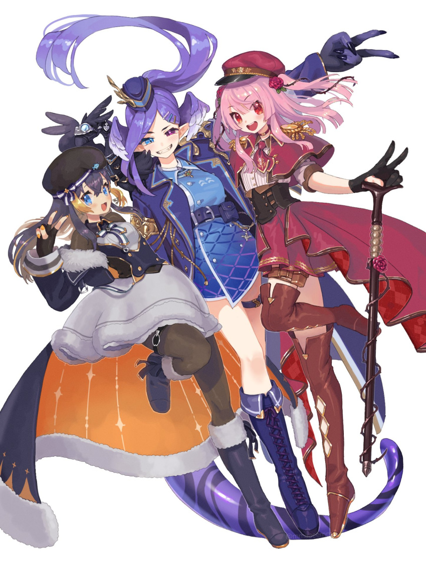 3girls black_corset black_gloves black_thighhighs blue_dress blue_eyes boots brown_footwear brown_hair capelet commentary corset cross-laced_footwear dragon_tail dress gloves head_wings heterochromia highres komakuchi_mame long_hair multicolored_hair multiple_girls nijisanji nijisanji_en obsydia_(nijisanji) petra_gurin petra_gurin_(2nd_costume) pink_hair purple_footwear purple_hair red_capelet red_eyes red_headwear rosemi_lovelock rosemi_lovelock_(2nd_costume) selen_tatsuki selen_tatsuki_(2nd_costume) simple_background streaked_hair symbol-only_commentary tail thigh_boots thighhighs two_side_up v virtual_youtuber white_background wings yellow_eyes