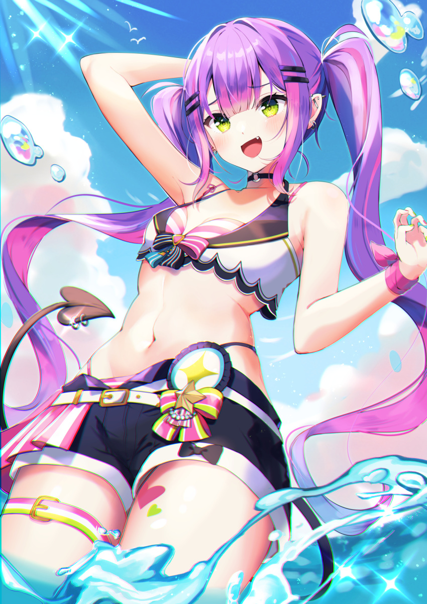 1girl bare_shoulders bikini breasts colored_inner_hair cowboy_shot demon_tail ear_piercing green_eyes highres hololive industrial_piercing long_hair midriff multicolored_hair navel outdoors partially_submerged piercing pink_hair shinomiya_shino_(sinosino141) short_shorts shorts small_breasts smile solo swimsuit tail tail_ornament tail_piercing thigh_strap tokoyami_towa twintails virtual_youtuber