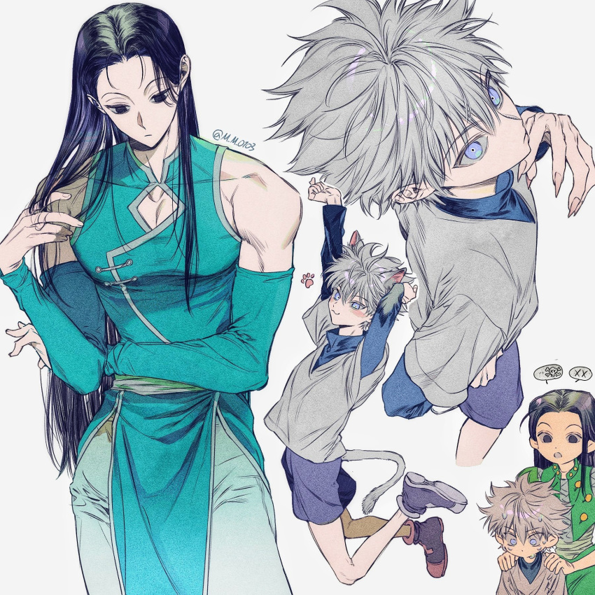 2boys alternate_costume animal_ears black_hair black_shorts brothers cat_ears cat_tail chinese_clothes green_jacket green_pants hair_between_eyes hands_on_another's_shoulders highres hunter_x_hunter illumi_zoldyck jacket killua_zoldyck layered_sleeves long_hair long_sleeves looking_at_viewer m_m_pb male_child male_focus multiple_boys pants sash shirt short_hair short_over_long_sleeves short_sleeves shorts siblings signature simple_background speech_bubble tail white_hair white_shirt