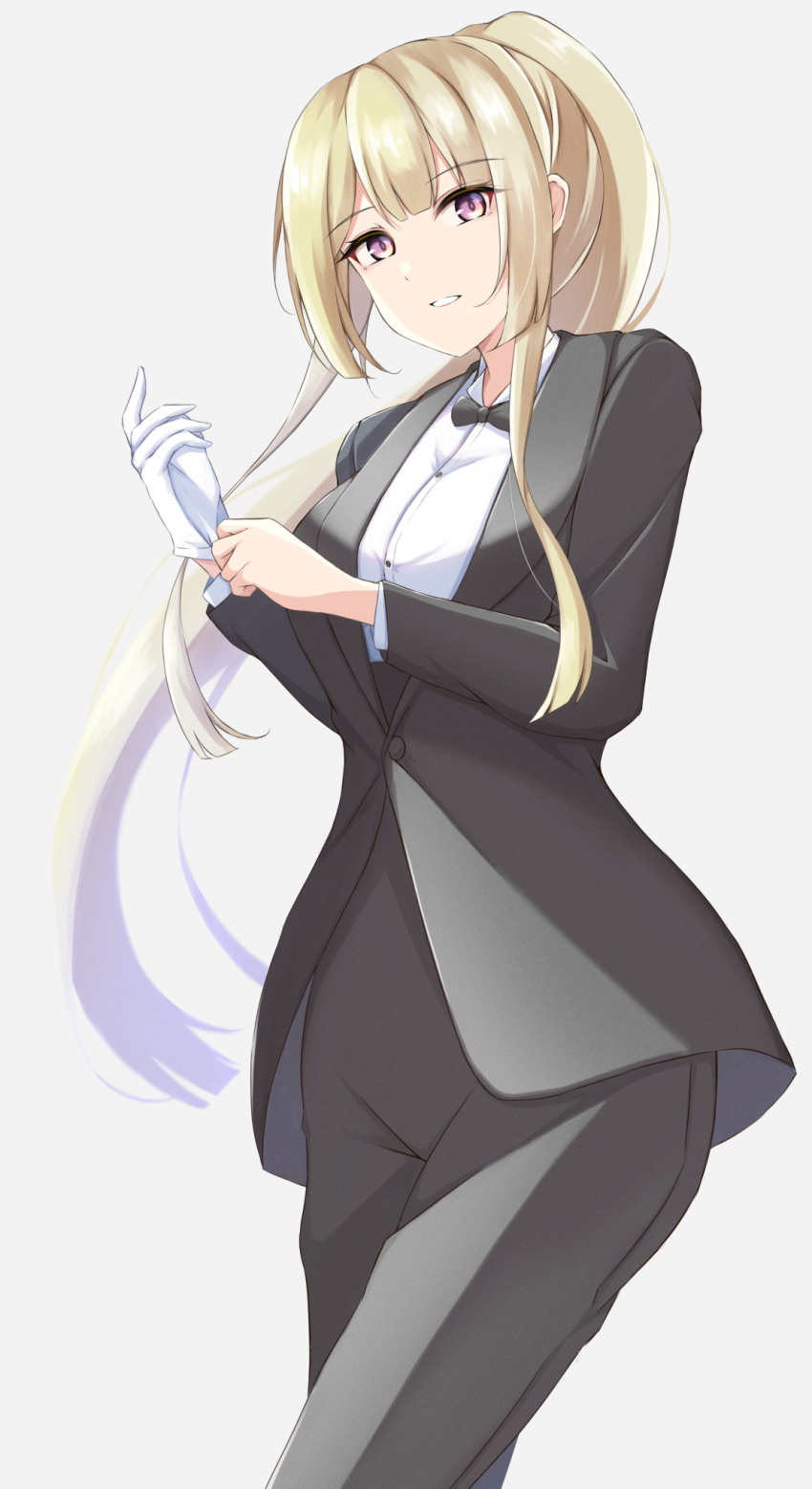 1girl 7-mzk adjusting_clothes adjusting_gloves alternate_hairstyle assault_lily black_bow black_bowtie black_jacket black_pants black_suit blonde_hair blunt_bangs blunt_ends bow bowtie breasts buttons collared_shirt cowboy_shot formal gloves grey_background hands_up high_ponytail highres jacket large_breasts light_smile long_hair long_sleeves looking_at_viewer miyagawa_takane pant_suit pants parted_lips ponytail purple_eyes shirt sidelocks simple_background single_glove solo standing suit very_long_hair white_gloves white_shirt