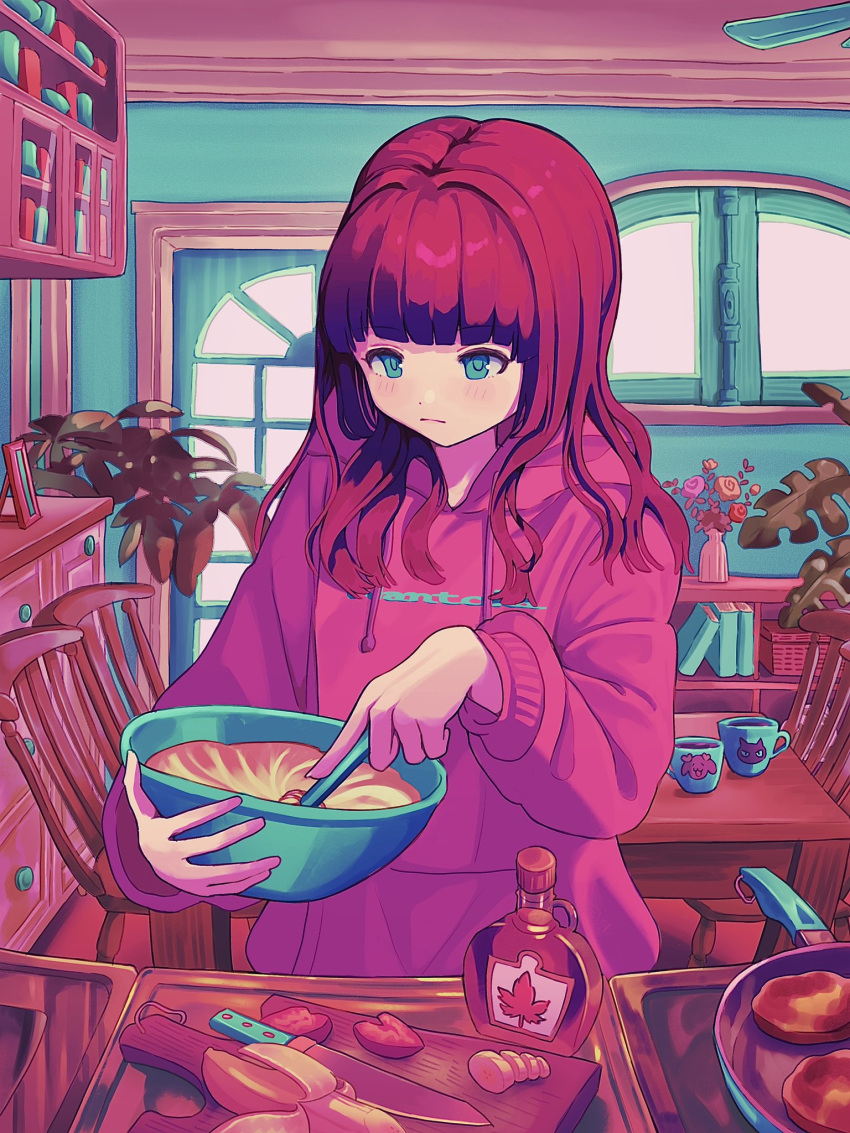 1girl banana batter blunt_bangs book bookshelf bottle bowl chair closed_mouth commentary cooking cup cutting_board day door drawstring food fruit frying_pan green_eyes highres holding holding_bowl holding_whisk hood hood_down hoodie indoors kagenoyuhi kitchen_knife light_blush long_hair long_sleeves maple_syrup mixing_bowl mug original pancake pink_hoodie plant red_hair solo standing strawberry symbol-only_commentary table upper_body whisk window