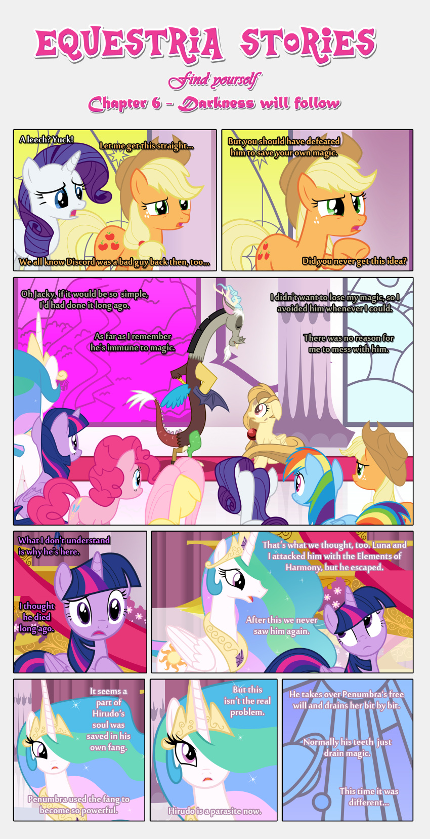 absurd_res alice_goldenfeather_(estories) anthro applejack_(mlp) black_border border brown_spots canterlot chimera clothing cowboy_hat dialogue discord_(mlp) draconequus ears_down ears_up earth_pony equid equine estories eyes_closed female feral fluttershy_(mlp) folded_wings friendship_is_magic frown group hasbro hat headgear headwear hi_res horn horse inside male mammal mane_six_(mlp) my_little_pony open_mouth pegasus pinkie_pie_(mlp) pivoted_ears pony princess_celestia_(mlp) rainbow_dash_(mlp) rarity_(mlp) regalia spots spread_wings stained_glass twilight_sparkle_(mlp) unicorn winged_unicorn wings