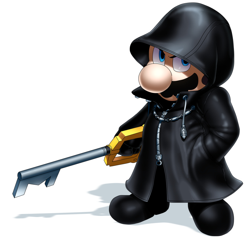 1boy absurdres black_coat black_coat_(kingdom_hearts) black_footwear black_gloves blue_eyes coat commission crossover dreamsbell facial_hair full_body gloves hand_in_pocket highres keyblade kingdom_hearts looking_at_viewer male_focus mario mario_(series) mustache organization_xiii shadow solo super_smash_bros.