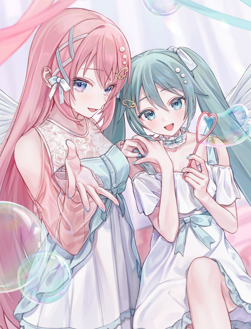 2girls absurdres aqua_eyes aqua_hair aqua_nails bare_shoulders blue_eyes bubble bubble_wand collar commentary detached_collar dress frilled_collar frills hair_between_eyes hair_ornament hair_ribbon hairclip hand_on_another's_shoulder hatsune_miku highres holding knee_up light_blush long_hair looking_at_viewer megurine_luka multiple_girls open_hand open_mouth pink_hair pink_sleeves ribbon see-through see-through_sleeves smile symbol-only_commentary twintails very_long_hair vocaloid vs0mr white_dress white_ribbon