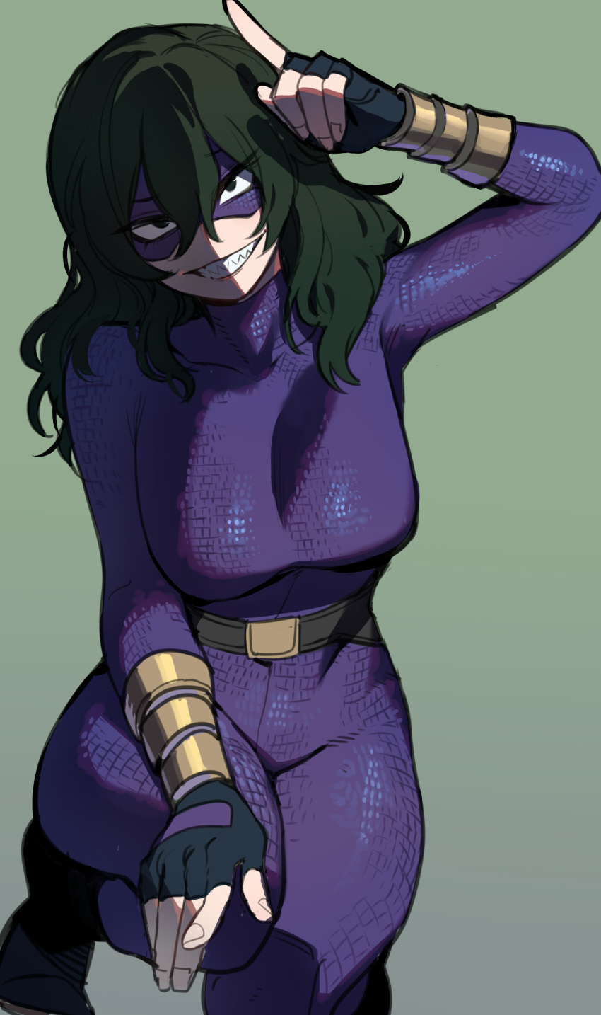 1girl absurdres belt black_gloves bodysuit boku_no_hero_academia boots bracer breasts eye_mask fingerless_gloves gloves green_background green_hair hair_between_eyes highres large_breasts long_hair looking_at_viewer ratatatat74 sharp_teeth simple_background sitting smile solo teeth tokage_setsuna