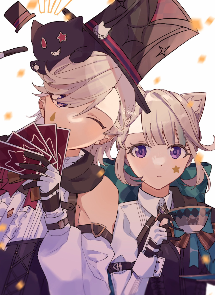 1boy 1girl animal_ears bare_shoulders black_leotard blue_bow bow cat_ears closed_mouth cup detached_sleeves genshin_impact grey_hair hair_bow highres holding holding_cup holding_plate juliet_sleeves leotard long_sleeves looking_at_viewer lynette_(genshin_impact) lyney_(genshin_impact) multicolored_hair one_eye_closed pinky_out plate puffy_long_sleeves puffy_sleeves purple_eyes shirt sidelocks streaked_hair teacup white_shirt zu_tonatuyasumi