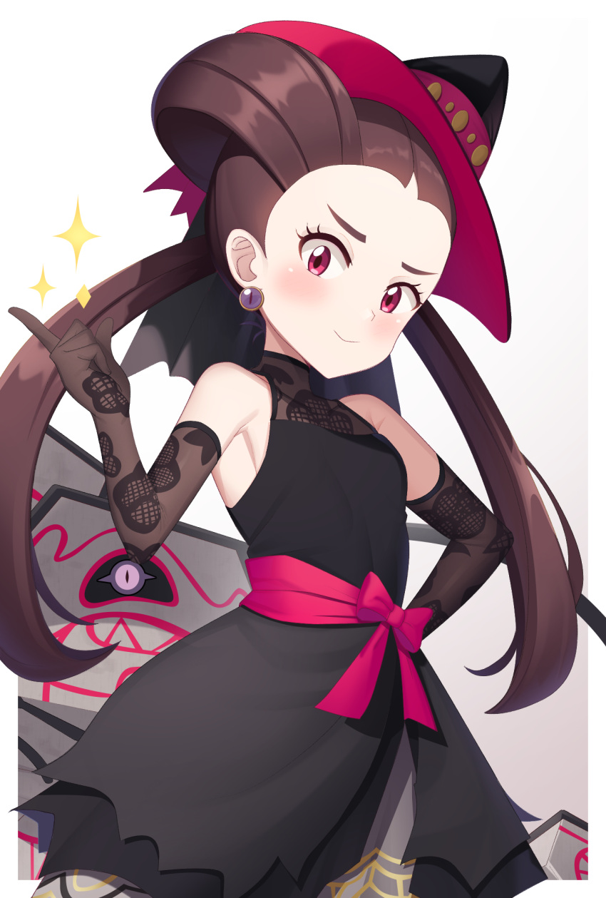 1girl bare_shoulders black_dress black_headwear blush brown_hair closed_mouth cowboy_shot dress earrings elbow_gloves eyelashes gazing_eye gloves gradient_background hair_rings hand_on_own_hip hand_up hat highres index_finger_raised jewelry long_hair looking_at_viewer mixed-language_commentary official_alternate_costume pink_eyes pink_sash pokemon pokemon_(creature) pokemon_(game) pokemon_masters_ex roxanne_(fall_2023)_(pokemon) roxanne_(pokemon) runerigus sash smile sparkle twintails witch_hat