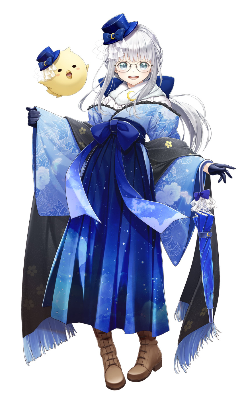 1girl absurdres arms_at_sides black_gloves blue_bow blue_eyes blue_hakama blue_headwear blue_kimono blue_skirt boots bow brown_footwear chocopanda_(utaite) cross-laced_footwear fenrir_(fenlil0316) floral_print fur_scarf glasses gloves grey_hair hair_bow hakama hakama_skirt half_gloves hat highres japanese_clothes kimono knee_boots lace-up_boots large_bow long_hair looking_at_viewer low_ponytail nape_braid open_mouth pinching_sleeves pleated_skirt print_kimono scarf sidelocks simple_background skirt solo tilted_headwear utaite_(singer) w_arms white_background white_scarf