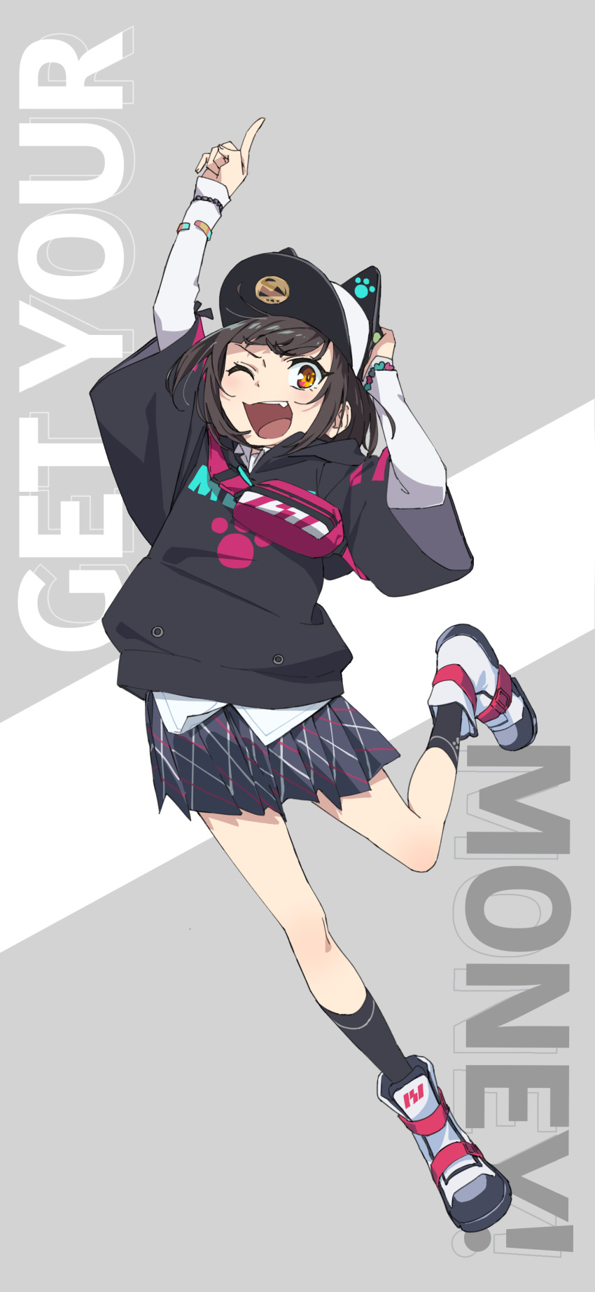 1girl ;d absurdres animal_ears animal_hat arm_up baseball_cap black_hair black_hoodie black_skirt black_socks bracelet cat_ears cat_hat collared_shirt commentary denonbu english_commentary fake_animal_ears fang fanny_pack full_body grey_background hand_up hat highres hood hood_down hoodie index_fingers_raised jewelry kurogane_tama layered_sleeves long_sleeves looking_at_viewer lyrics one_eye_closed open_mouth owlbox paw_print pleated_skirt shirt shoes short_hair skirt smile sneakers socks solo standing standing_on_one_leg teeth upper_teeth_only white_shirt wide_sleeves yellow_eyes