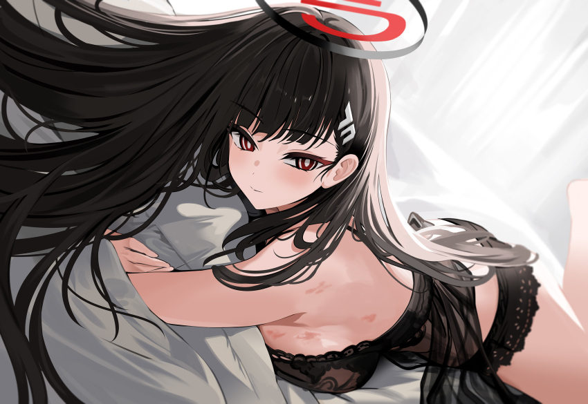 1girl absurdres babydoll bare_shoulders barefoot black_babydoll black_hair blue_archive blush breasts bright_pupils closed_mouth halo hickey highres large_breasts long_hair looking_at_viewer lying on_stomach red_eyes rio_(blue_archive) smile solo thighs white_pupils yuki_(asayuki101)