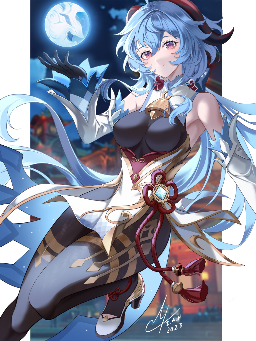 1girl absurdres ahoge artist_name bare_shoulders bell black_pantyhose blue_hair blush bow breasts chinese_knot detached_sleeves flower_knot ganyu_(genshin_impact) genshin_impact gold_trim high_heels highres horns i_a_n long_hair looking_at_viewer medium_breasts neck_bell night orb outdoors pantyhose purple_eyes qilin_(mythology) sidelocks smile solo tassel thighlet thighs vision_(genshin_impact) waist_cape white_sleeves