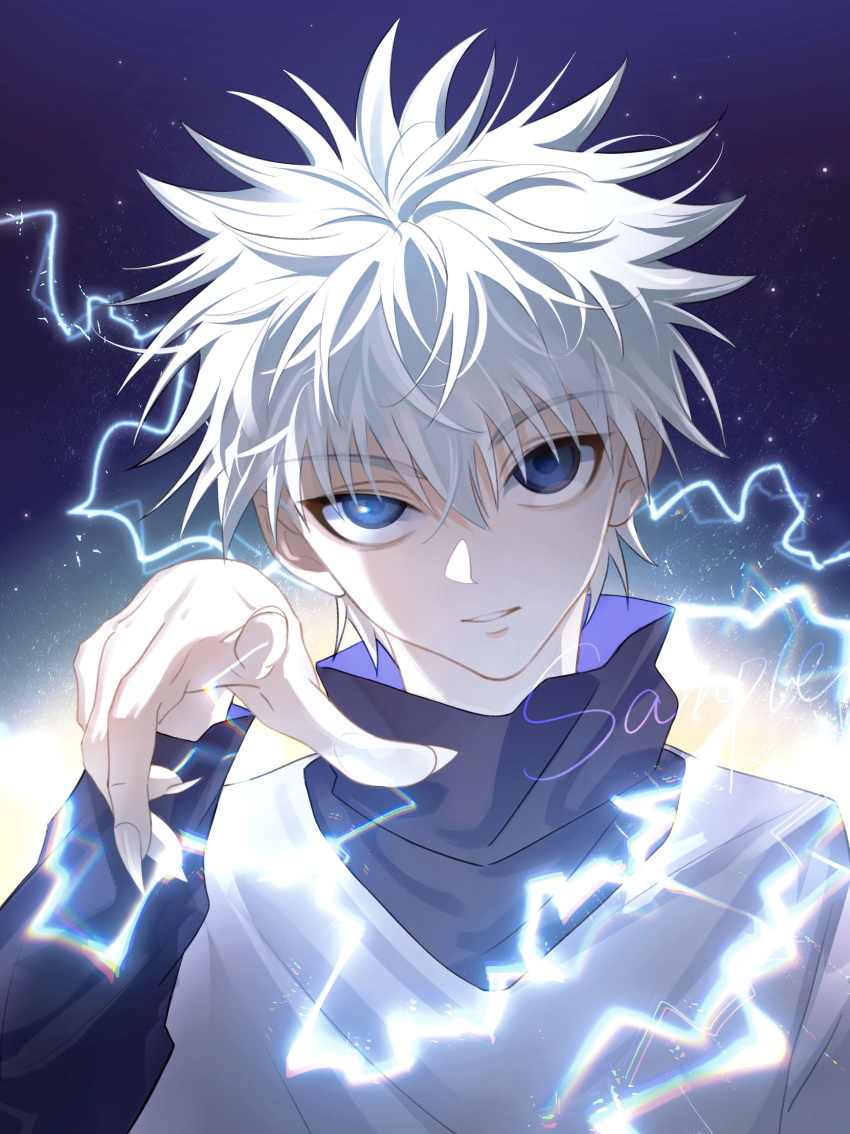 1boy absurdres child electricity electrokinesis energy fingernails highres hunter_x_hunter killua_zoldyck layered_sleeves long_fingernails long_sleeves looking_at_viewer male_focus pointing ppttppff sharp_fingernails short_over_long_sleeves short_sleeves solo spiked_hair upper_body white_hair