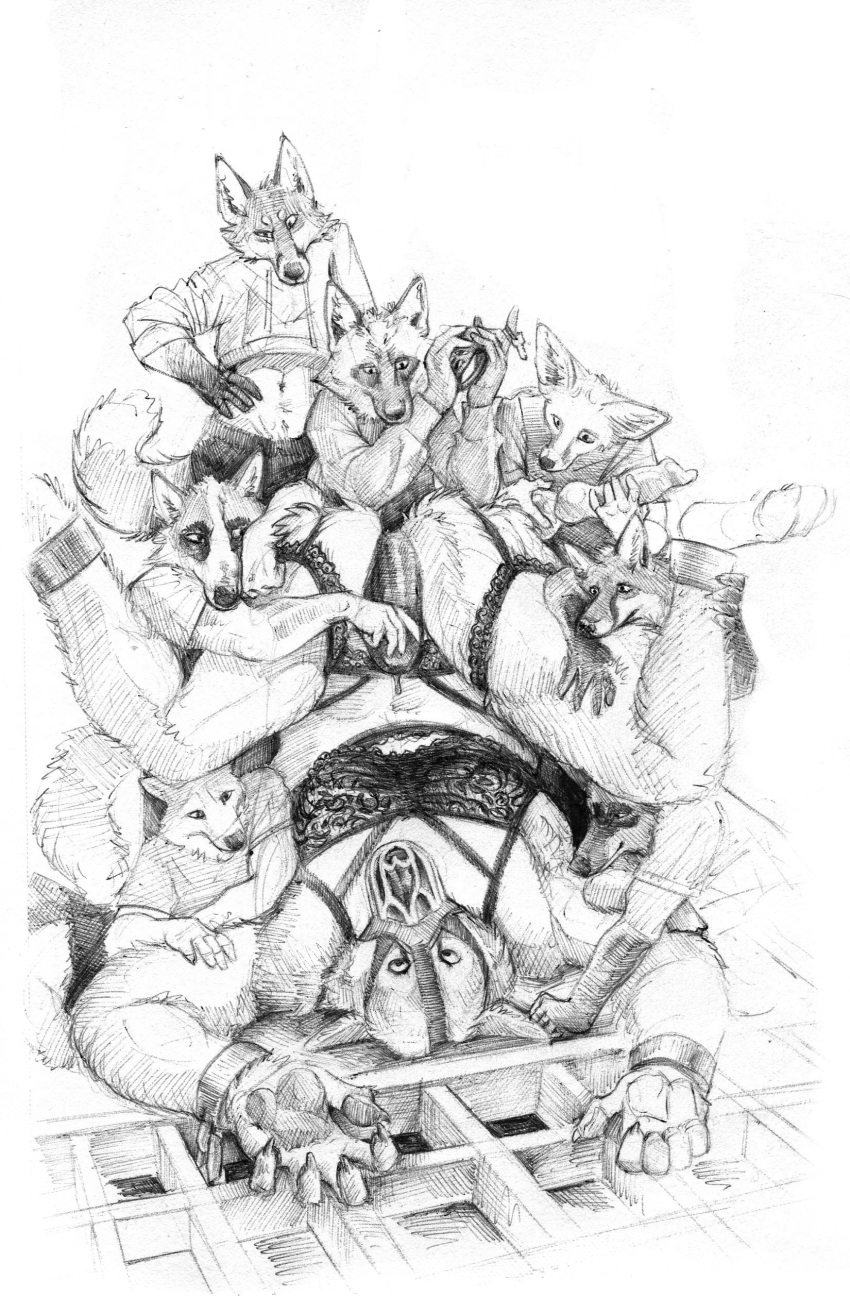2023 absurd_res angry anthro arctic_fox balls bdsm black_and_white bondage bottomwear bound bulge butt butt_tuft canid canine canis chain chastity_cage chastity_device clothed clothing crop_top cuffs_(clothing) dildo dominant dominant_male erection fennec fox fur genitals girly grope group hi_res key knot larger_male leg_grab legs_up lingerie looking_down looking_up lying male male/male mammal momamo monochrome multiple_doms_one_sub muscular muscular_male muzzle_(object) on_back penis penis_grab red_fox sex_toy shirt silver_fox simple_background size_difference small_dom_big_sub smaller_male spread_legs spreading standing submissive submissive_male tail topwear traditional_media_(artwork) tuft underwear wolf