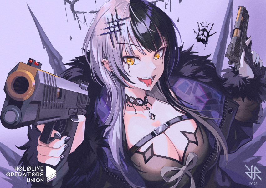 1girl 2023 artist_logo black_coat black_hair breasts cleavage coat commentary dual_wielding english_commentary english_text fur_trim gun handgun highres hiroki_ree holding holding_gun holding_weapon hololive hololive_english large_breasts long_hair long_sleeves m1911 multicolored_hair open_mouth shiori_novella solo tongue tongue_out two-tone_hair virtual_youtuber weapon white_hair yellow_eyes