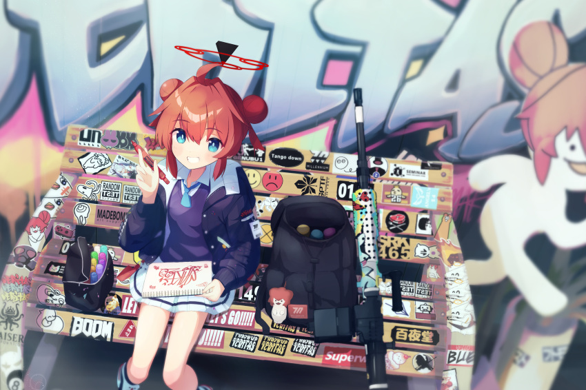 1girl absurdres ahoge bench blue_archive blue_eyes blue_necktie blue_sweater_vest blush double_bun from_above general_dynamics_lwmmg graffiti grin hair_bun halo highres holding holding_pen maki_(blue_archive) makolas97 nazomaki_(blue_archive) necktie pen pleated_skirt red_hair shirt shoes short_hair sidelocks sitting skirt smile smiley_face sneakers solo sweater_vest weapon white_shirt