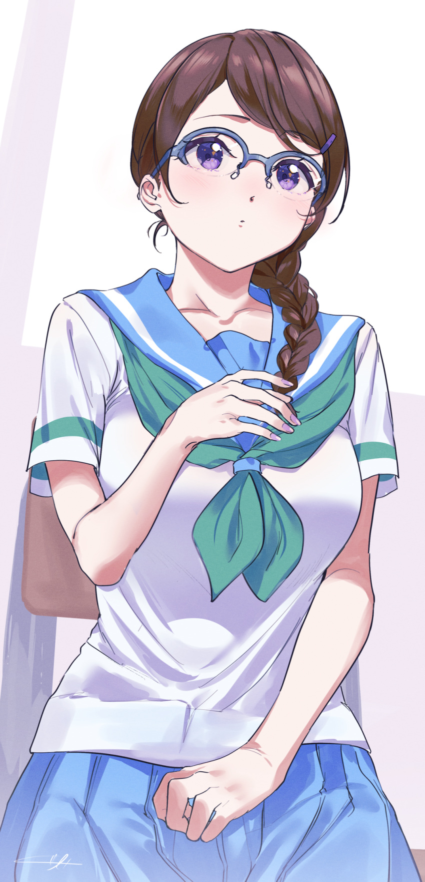 blue_sailor_collar blue_skirt blush braid braided_ponytail brown_hair chair glasses green_neckerchief hair_ornament hairclip hibike!_euphonium highres kitauji_high_school_uniform kohinata_yume kuziaaizuk neckerchief on_chair pleated_skirt purple_eyes sailor_collar school_uniform serafuku shirt sitting skirt summer_uniform white_shirt