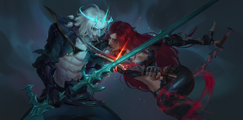 1boy 1girl abs absurdres armor belt black_belt black_gloves black_pants breasts cleavage colored_skin dagger dual_wielding duel evil_smile fingerless_gloves gauntlets gloves green_eyes highres holding holding_dagger holding_knife holding_sword holding_weapon katarina_(league_of_legends) knife large_breasts league_of_legends long_hair looking_at_another midriff navel pale_skin pants pauldrons qi_mang_(qimang) red_hair scar scar_across_eye scar_on_face shoulder_armor smile sword teeth very_long_hair viego_(league_of_legends) weapon white_hair white_skin