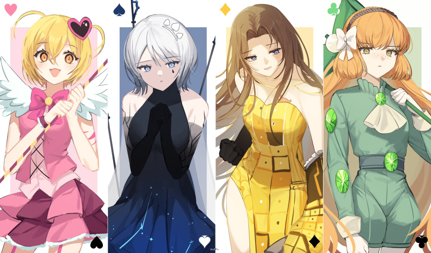 4girls ascot black_dress blonde_hair blue_eyes bow bowtie brown_hair don_quixote_(limbus_company) dress e.g.o_(project_moon) faust_(limbus_company) highres ishmael_(limbus_company) king_of_greed knight_of_despair limbus_company long_hair love_mintchoco multiple_girls orange_hair parted_bangs pink_bow pink_bowtie pink_skirt project_moon queen_of_hatred rodion_(limbus_company) servant_of_wrath sidelocks simple_background skirt two_side_up very_long_hair white_ascot white_background white_hair yellow_dress yellow_eyes