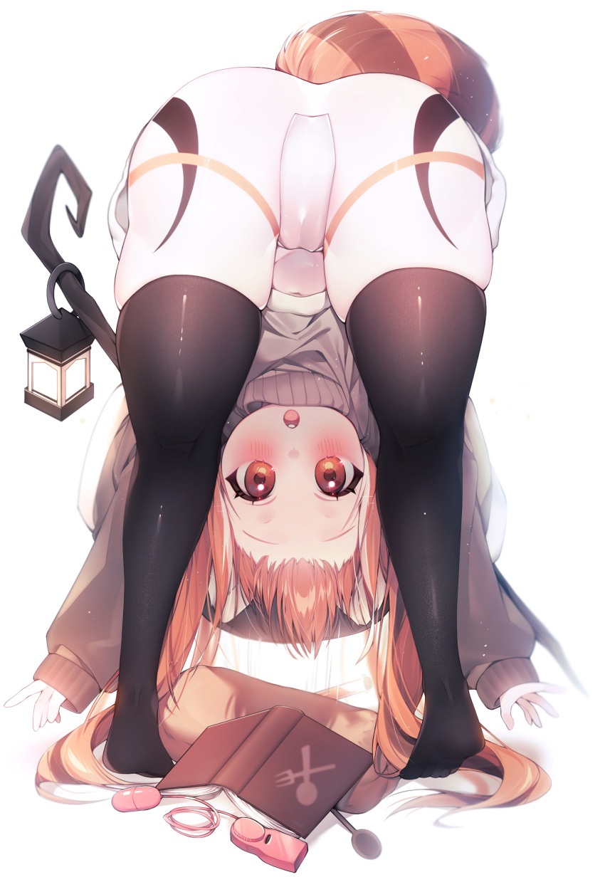 1girl animal_ears ass bent_over black_thighhighs book egg_vibrator fox_ears fox_girl fox_tail highres lantern long_hair open_mouth orange_eyes orange_hair sen_light sex_toy simple_background solo staff sweater tail teeth thighhighs thighs upper_teeth_only vibrator white_background