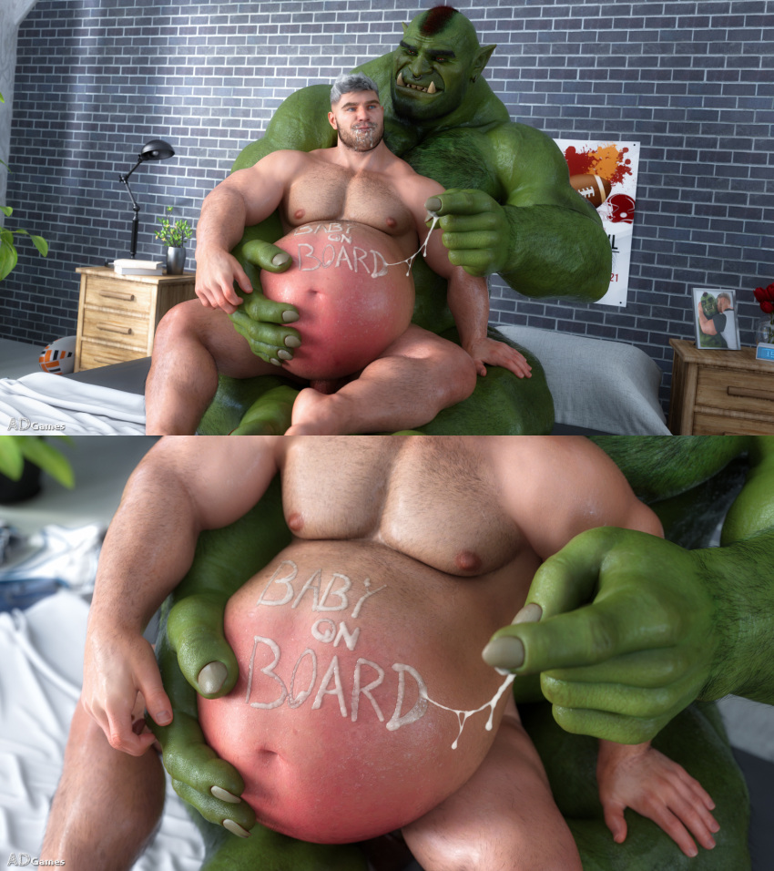 ad-games belly_inflation bodily_fluids body_hair boruk_(ad-games) chest_hair cum duo fangs genital_fluids green_body green_skin hairy hi_res human humanoid humanoid_pointy_ears inflation male male/male mammal orc pregnant pregnant_male size_difference teeth