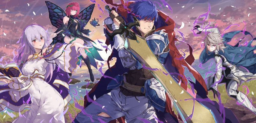 aura blue_hair commission corrin_(fire_emblem) corrin_(male)_(fire_emblem) fairy fairy_wings fire_emblem fire_emblem:_genealogy_of_the_holy_war fire_emblem:_radiant_dawn fire_emblem_awakening fire_emblem_heroes holding holding_sword holding_weapon ike_(brave_mercenary)_(fire_emblem) ike_(fire_emblem) julia_(fire_emblem) looking_to_the_side miyazakit pointy_ears purple_hair red_eyes skeb_commission sword triandra_(fire_emblem) weapon wings