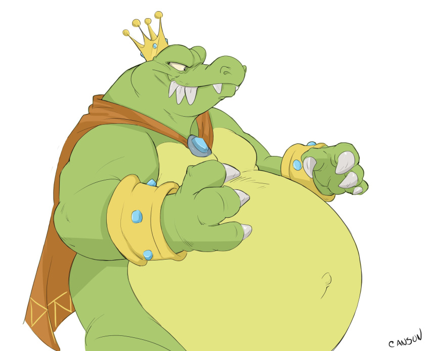 2023 anthro belly big_belly canson cape claws clothing crocodilian crown donkey_kong_(series) fangs green_body green_skin headgear hi_res jewelry king_k._rool kremling male navel nintendo outie_navel overweight overweight_male reptile scalie sharp_teeth signature simple_background smile solo teeth white_background yellow_body yellow_skin