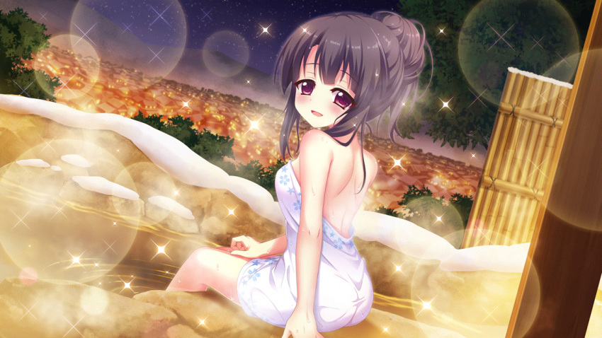 1girl ass back bamboo_fence black_hair breasts dot_nose dutch_angle fence film_grain floral_print game_cg hair_bun hand_on_own_leg ichikishima_mizuha izumi_tsubasu lens_flare looking_at_viewer looking_back medium_breasts mountainous_horizon naked_towel night night_sky non-web_source official_art onsen open_mouth outdoors print_towel purple_eyes re:stage! shoulder_blades single_hair_bun sitting sky smile snow soaking_feet solo sparkle star_(sky) starry_sky steam towel town tree