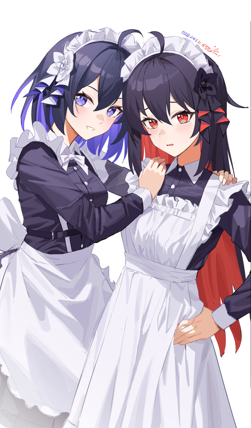 2girls absurdres ahoge alternate_costume apron artist_name black_dress black_hair collared_dress colored_inner_hair commentary_request dated dress fled grin hand_on_another's_shoulder highres honkai_(series) honkai_impact_3rd long_hair long_sleeves looking_at_viewer maid maid_headdress multicolored_hair multiple_girls purple_eyes purple_hair red_eyes red_hair seele_(alter_ego) seele_vollerei seele_vollerei_(starchasm_nyx) simple_background smile two-tone_hair white_apron white_background