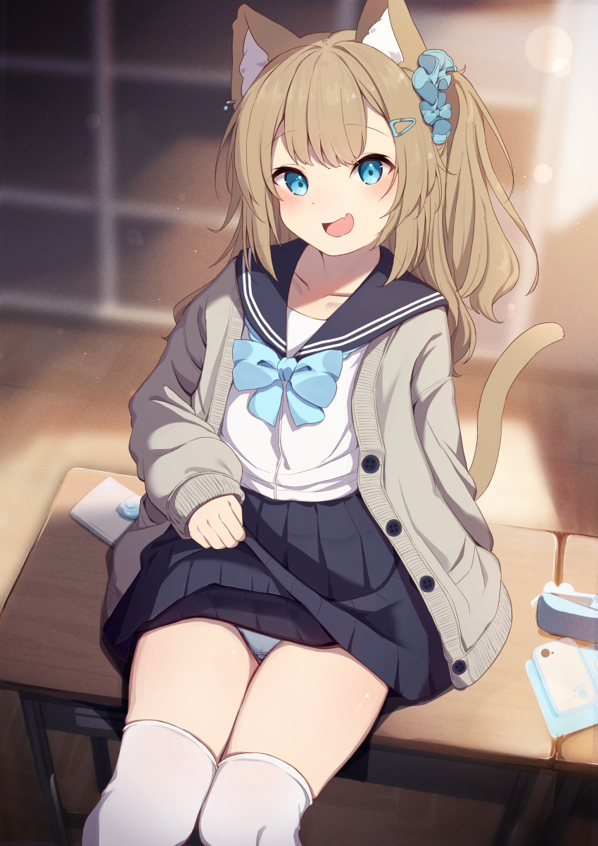 1girl :d absurdres animal_ear_fluff animal_ears black_sailor_collar black_skirt blue_bow blue_eyes blue_scrunchie blurry blurry_background blush bow brown_hair cat_ears cat_girl cat_tail cellphone clothes_lift commentary_request depth_of_field desk dress ear_piercing fang feet_out_of_frame hair_ornament hair_scrunchie hairclip highres hinata_(user_rjkt4745) indoors lifted_by_self long_hair looking_at_viewer on_desk one_side_up original panties pencil_dress phone piercing pleated_skirt sailor_collar school_desk school_uniform scrunchie serafuku shirt sitting sitting_on_desk skirt skirt_lift smile tail thighhighs underwear white_panties white_shirt white_thighhighs wooden_floor