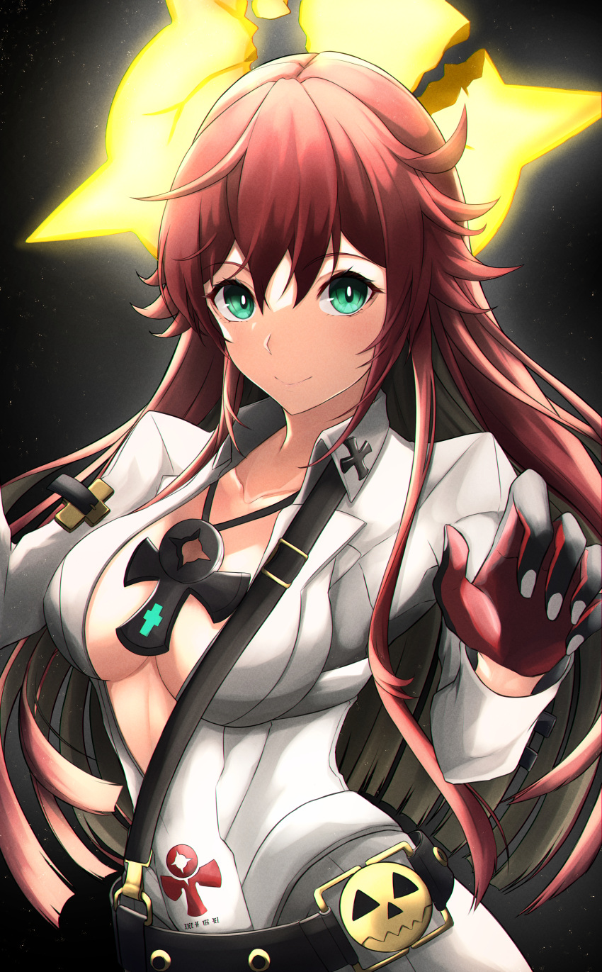 1girl absurdres ankh_necklace black_background black_gloves bodysuit breasts broken_halo center_opening collared_shirt colored_inner_hair compass_rose_halo front_slit gloves green_eyes guilty_gear guilty_gear_strive halloween halo highres jack-o'_valentine jewelry long_hair long_sleeves looking_at_viewer medium_breasts multicolored_hair pendant red_gloves red_hair shirt shoulder_belt simple_background skin_tight solo souma_(so_u_maaaaa) two-tone_gloves white_bodysuit white_hair wide_sleeves