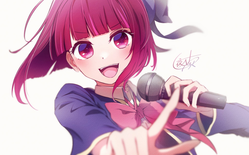 1girl arima_kana beret blue_headwear blue_vest bob_cut collar happy hat hat_ribbon highres holding holding_microphone inverted_bob looking_at_another microphone open_mouth oshi_no_ko pink_ribbon red_eyes red_hair ribbon school_uniform short_hair simple_background smile upper_body vest white_background white_collar yatoroku youtou_high_school_uniform