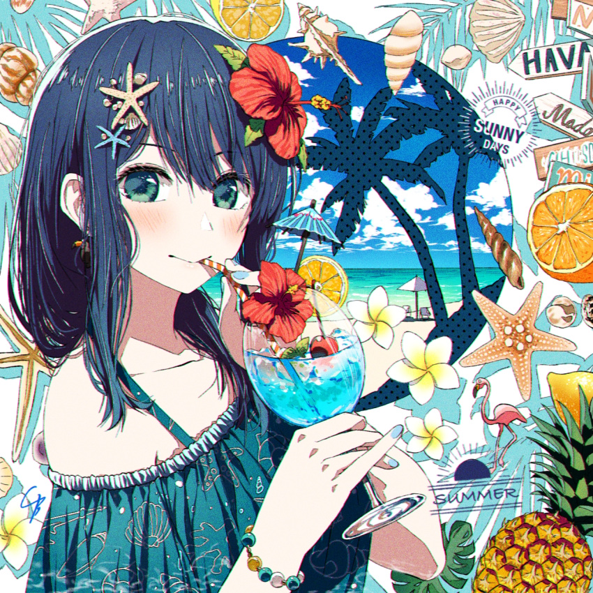 1girl 4b-enpitsu aqua_eyes bare_shoulders bead_bracelet beads bird blue_hair blue_nails bracelet chromatic_aberration commentary cup drinking_straw drinking_straw_in_mouth film_grain flamingo flower food fruit hair_between_eyes hair_flower hair_ornament highres holding holding_cup jewelry kurokawa_akane looking_at_viewer medium_hair nail_polish off-shoulder_shirt off_shoulder orange_(fruit) oshi_no_ko pineapple screentones seashell shell shirt sidelocks signature solo upper_body