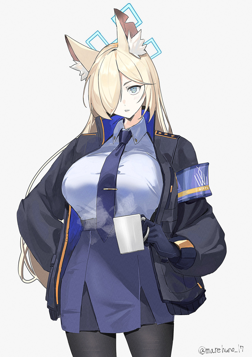 1girl absurdres animal_ear_fluff animal_ears armband black_gloves black_jacket black_pantyhose blonde_hair blue_archive blue_eyes blue_necktie blue_shirt blue_skirt breasts coffee coffee_mug collared_shirt cowboy_shot cup dog_ears gloves grey_background hair_over_one_eye halo hand_in_pocket highres holding holding_cup jacket kanna_(blue_archive) large_breasts long_hair long_sleeves looking_at_viewer mare_funo mug necktie open_clothes open_jacket pantyhose parted_lips sharp_teeth shirt simple_background skirt solo teeth tie_clip twitter_username