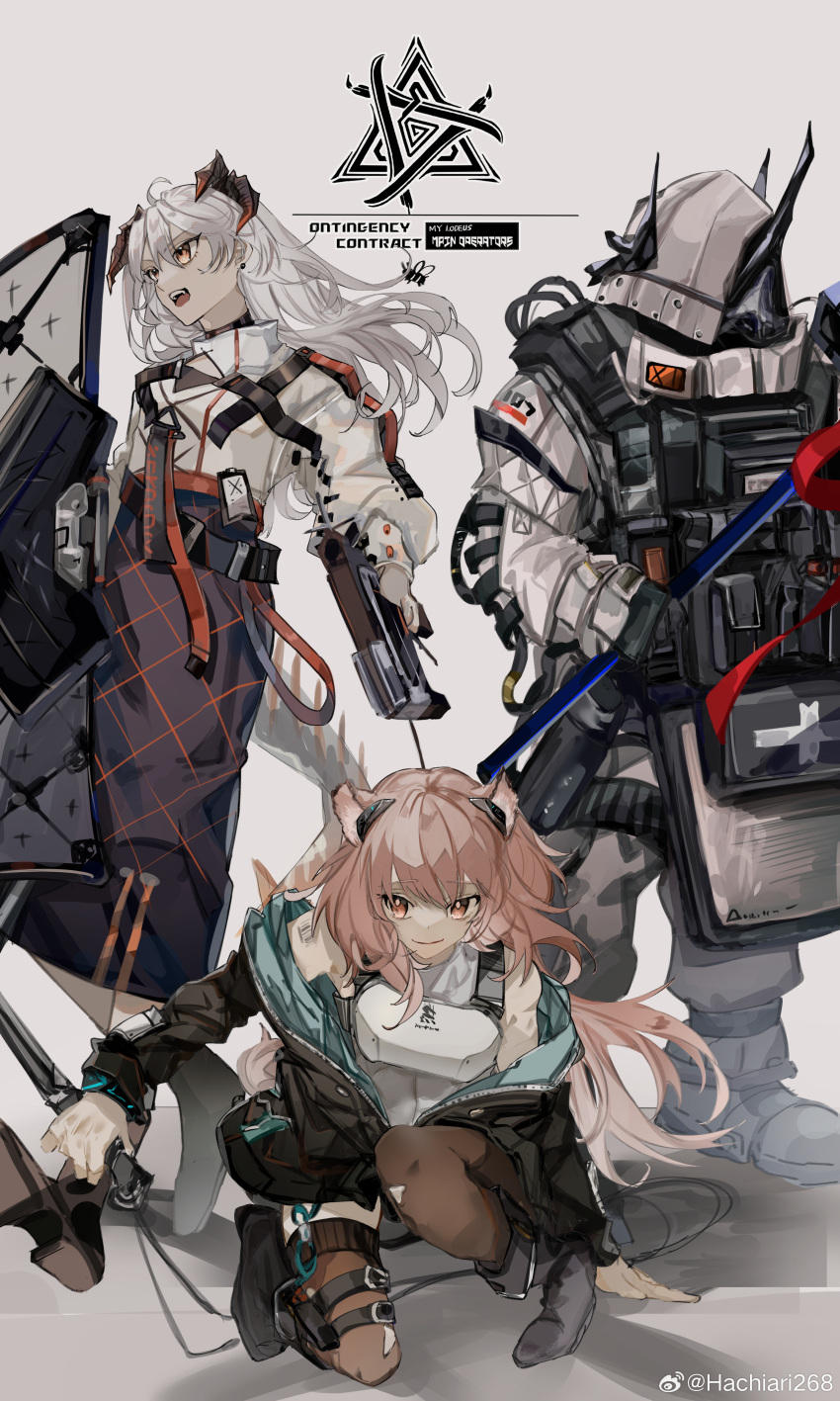 3girls a_chxoblc absurdres ahoge animal_ears arknights bare_shoulders black_jacket black_skirt breasts brown_thighhighs chinese_commentary commentary_request dagger demon_girl demon_horns demon_tail full_body gravel_(arknights) grey_background grey_hair gun hammer high-waist_skirt highres holding holding_dagger holding_gun holding_hammer holding_knife holding_shield holding_weapon horns infection_monitor_(arknights) jacket jumpsuit kneeling knife long_hair looking_at_viewer looking_to_the_side medium_breasts mixed-language_commentary mudrock_(arknights) multiple_girls open_clothes open_jacket open_mouth orange_eyes pink_hair prairie_dog_ears prairie_dog_girl saria_(arknights) shadow shield shirt shouting simple_background skirt smile tail teeth thigh_strap thighhighs upper_teeth_only weapon weibo_username white_jumpsuit white_shirt