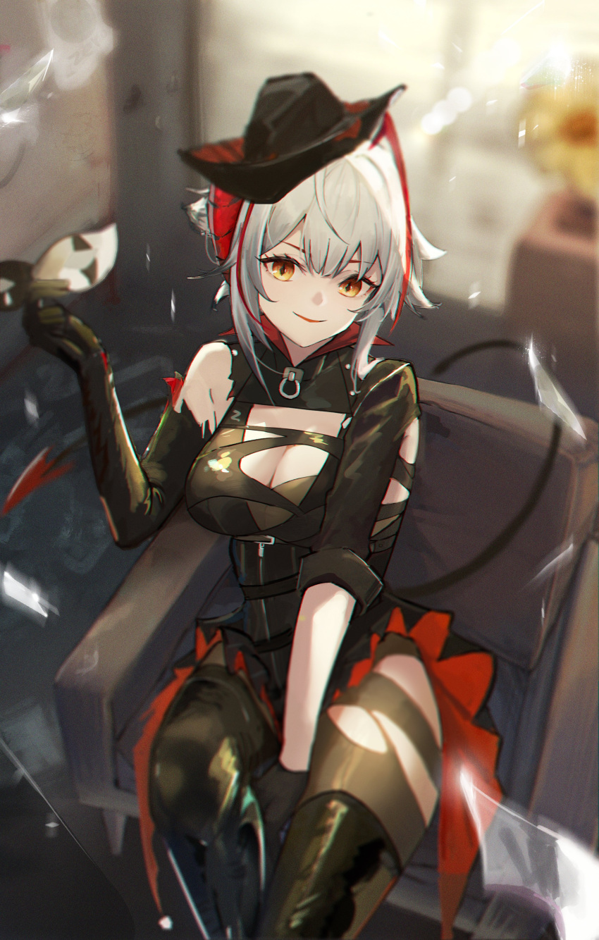 1girl absurdres ambience_synesthesia arknights armchair asymmetrical_gloves black_gloves black_headwear black_pantyhose black_shirt black_thighhighs breasts chair cleavage demon_girl demon_horns demon_tail elbow_gloves ema_(kuguiema) eye_mask gloves grey_hair hat highres holding holding_mask horns large_breasts looking_at_viewer mask official_alternate_costume pantyhose shirt short_hair sitting smile solo tail thighhighs thighhighs_over_pantyhose unworn_mask w_(arknights) yellow_eyes