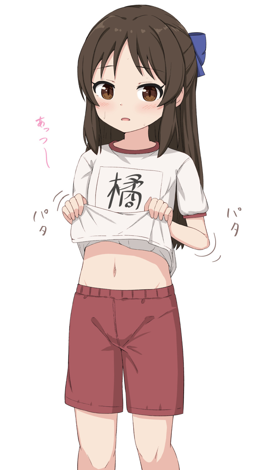 1girl blue_bow blush bow brown_eyes brown_hair clothes_lift commentary_request gym_shirt gym_uniform hair_bow highres idolmaster idolmaster_cinderella_girls lifted_by_self long_hair looking_at_viewer navel parted_lips red_shorts shirt shirt_lift short_sleeves shorts simple_background solo sound_effects t-shirt tachibana_arisu takasuma_hiro variant_set white_background white_shirt